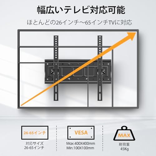 SHTUMECテレビ壁掛け金具 26-65インチ LCD/LED 液晶対応 フルモーション式 壁掛け金具 最大VESA 400x400mm 耐荷重45kg 可動式 用前後、左右、上下多角度調節可能 tv壁掛けアーム テレビかべかけ金具