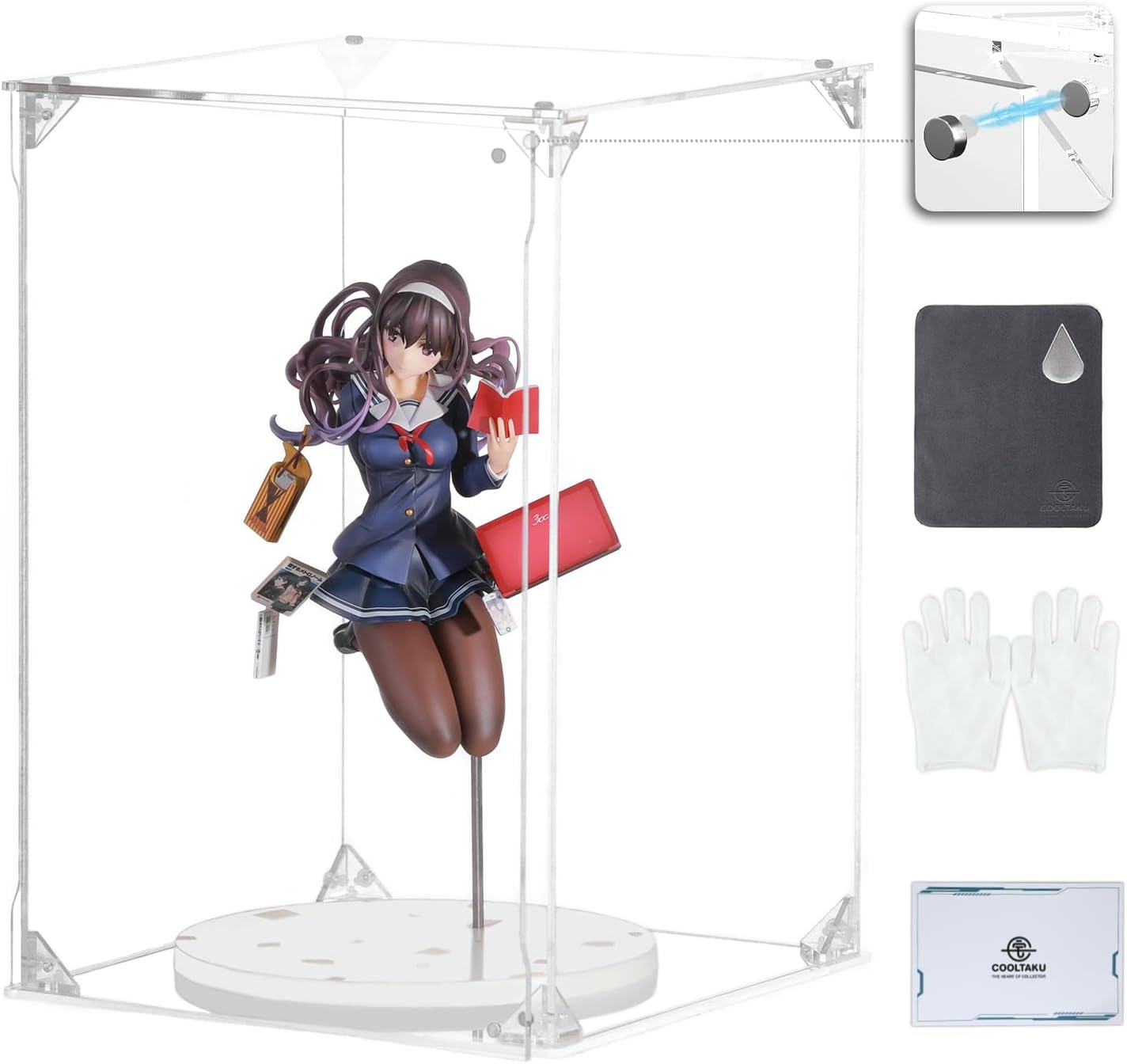 COOLTAKU フィギュアケース アクリル UVカット 白い台座 マグネット式 磁石付き 前扉 積み重ね強化 コレクションケース より堅固 組み立て式 アクリルケース ディスプレイケース 防汚れ 手袋 クリーニング クロス付き フィギュア収納 内寸 (幅20×奥行20×高さ30cm, 台座白)