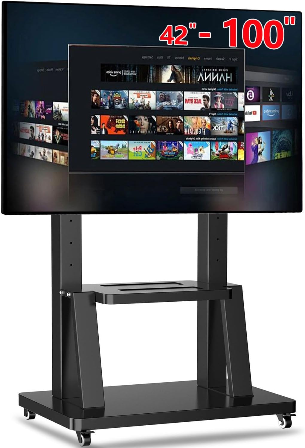 大型テレビ台 移動式 自立型テレビスタンド ハイタイプ 安定 天板/棚付き モバイルスタンド テレビボード TV フロアスタンド TVカート 42-100インチ対応 耐荷重80kg VESA200*200mm～900x600mm 角度/高さ調整可能 キャスター付き 静か 万向輪 360度回転 ストッパー
