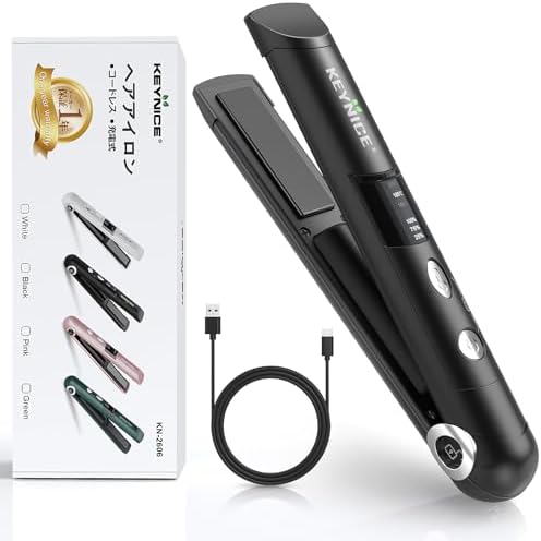 KEYNICE コードレス ヘアアイロン ストレート カール 2way ミニ 持ち運び USB充電式 (Type-C) 3段階温度調節 MAX205℃ LCD液晶 男女兼用 メンズ ポーチ付き KN-2606 ブラック