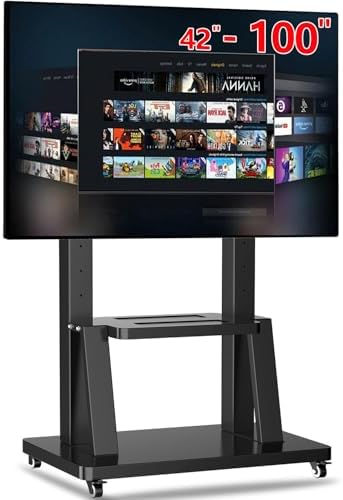 大型テレビ台 移動式 自立型テレビスタンド ハイタイプ 安定 天板/棚付き モバイルスタンド テレビボード TV フロアスタンド TVカート 42-100インチ対応 耐荷重80kg VESA200*200mm～900x600mm 角度/高さ調整可能 キャスター付き 静か 万向輪 360度回転 ストッパー