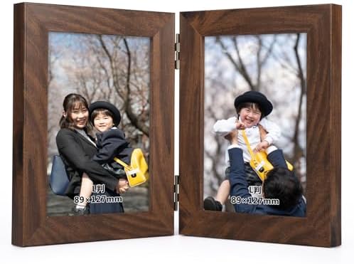 フォトフレーム 写真立て Lサイズ 2面 卓上 写真 額縁 89x127mm 木目調 写真たて 折りたたみ式 縦 ブラウン