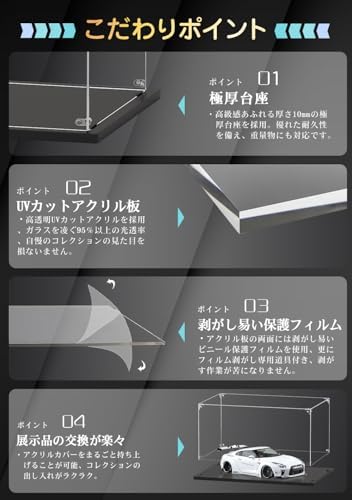 KUKERフィギュアケース 横长タイプ アクリルケース UVカット コレクションケース ディスプレイケース 組み立て简单 顽丈 汚れ防止 手袋 クリーニングクロス付き
