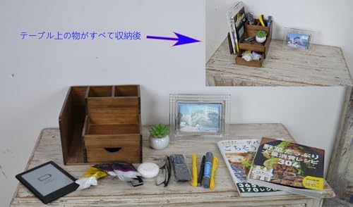 デスクオーガナイザー 本立て 木製 箱 引き出し 小物入れ 卓上 収納 ペン立て リモコンラック (ブラウン)
