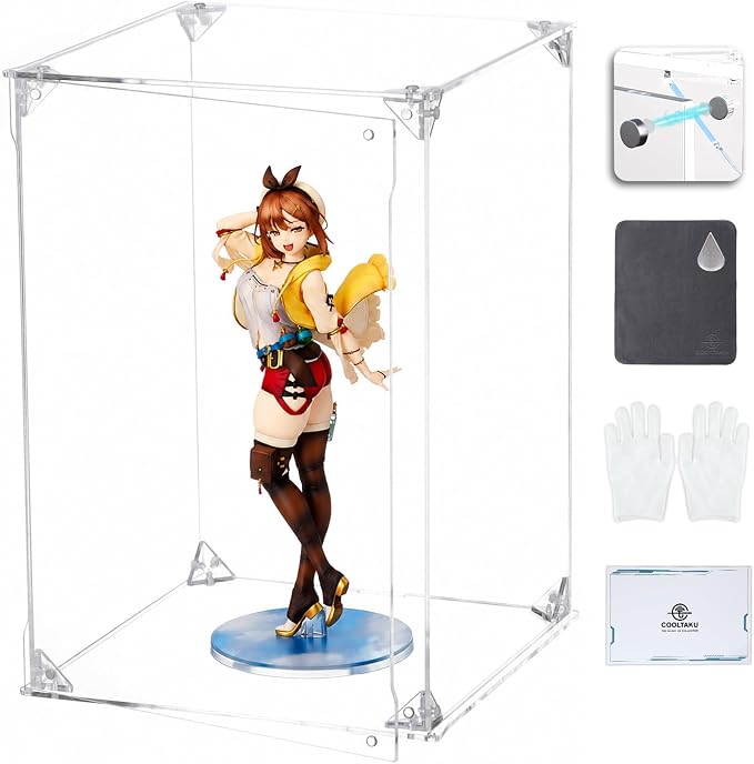 COOLTAKU フィギュアケース アクリル UVカット 白い台座 マグネット式 磁石付き 前扉 積み重ね強化 コレクションケース より堅固 組み立て式 アクリルケース ディスプレイケース 防汚れ 手袋 クリーニング クロス付き フィギュア収納 内寸 (幅20×奥行20×高さ30cm, 台座白)