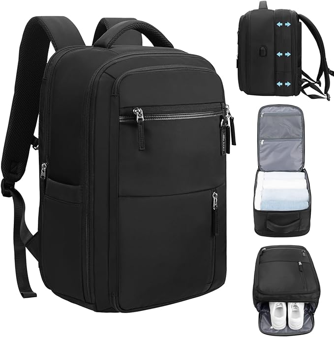トラベルバックパック、USB充電ポート付き拡張可能な大型ラップトップバックパック、盗難防止バックパックトラベルハイキングウィークエンダーバックパック
