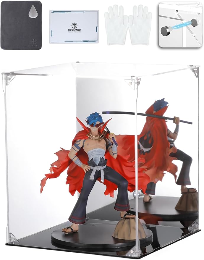 COOLTAKU フィギュアケース アクリル UVカット 白い台座 マグネット式 磁石付き 前扉 積み重ね強化 コレクションケース より堅固 組み立て式 アクリルケース ディスプレイケース 防汚れ 手袋 クリーニング クロス付き フィギュア収納 内寸 (幅20×奥行20×高さ30cm, 台座白)