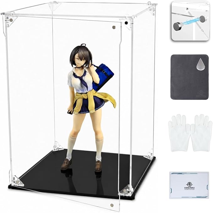 COOLTAKU フィギュアケース アクリル UVカット 白い台座 マグネット式 磁石付き 前扉 積み重ね強化 コレクションケース より堅固 組み立て式 アクリルケース ディスプレイケース 防汚れ 手袋 クリーニング クロス付き フィギュア収納 内寸 (幅20×奥行20×高さ30cm, 台座白)