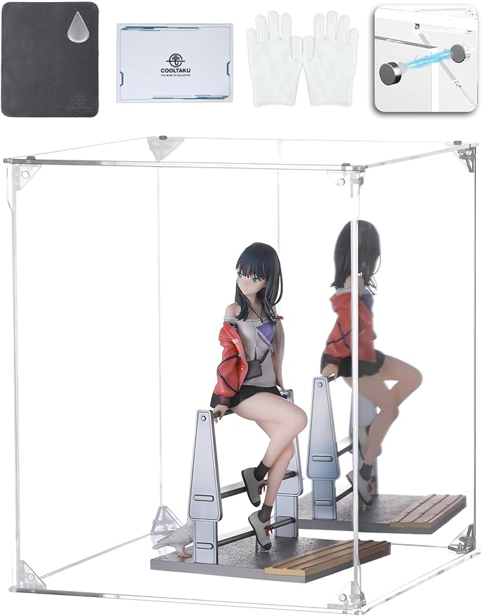 COOLTAKU フィギュアケース アクリル UVカット 白い台座 マグネット式 磁石付き 前扉 積み重ね強化 コレクションケース より堅固 組み立て式 アクリルケース ディスプレイケース 防汚れ 手袋 クリーニング クロス付き フィギュア収納 内寸 (幅20×奥行20×高さ30cm, 台座白)